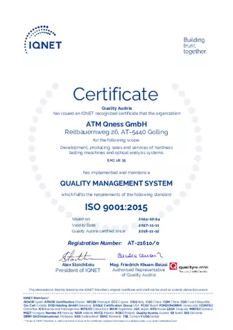 QATM AT ISO 9001:2015 Certificate IQNet