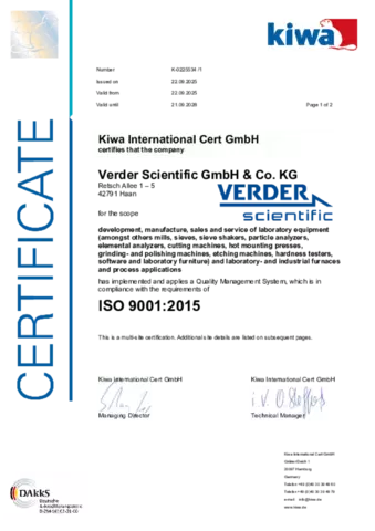 Verder Scientific ISO 9001:2015 certificate