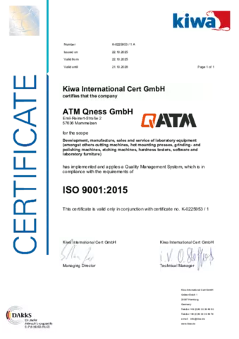 QATM ISO 9001:2015 certificate
