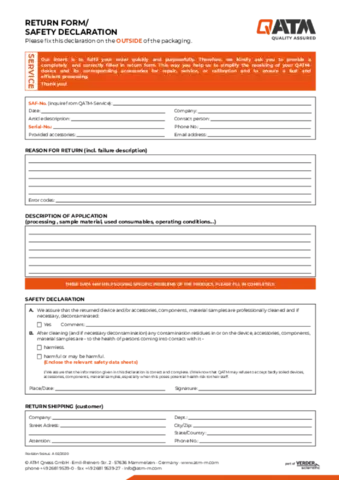  Return Form / Decontamination Declaration - Service